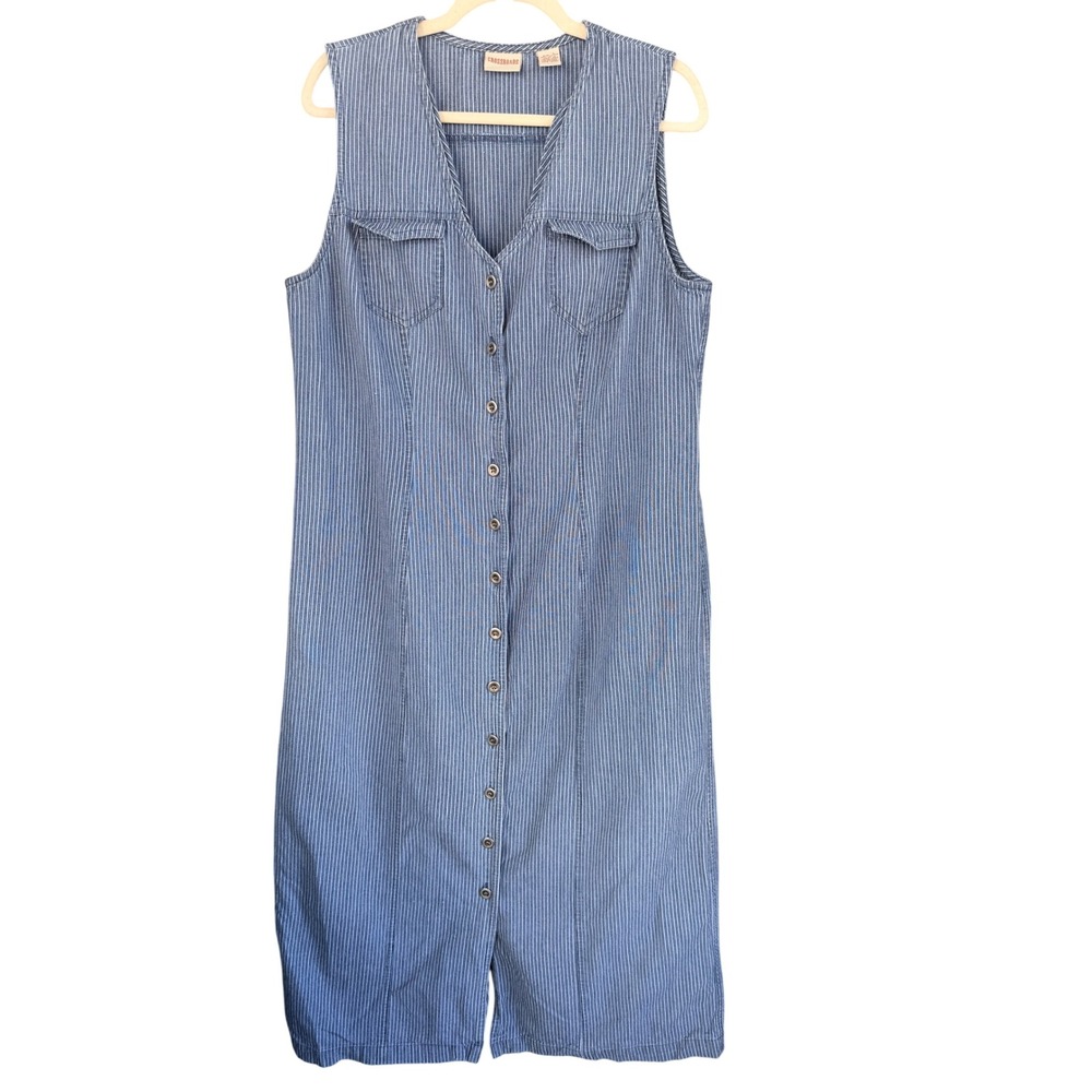 A8 90s VTG Crossroads Pinstripe Cotton Denim Sleeveless Button‎ Front Dress